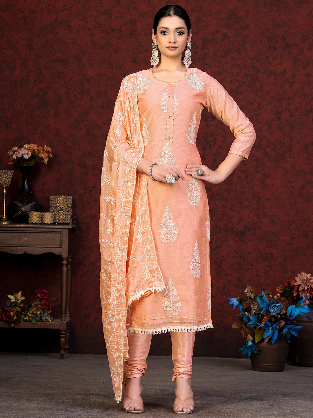 

SHADOW & SAINING Floral Embroidered Unstitched Dress Material With Dupatta, Peach