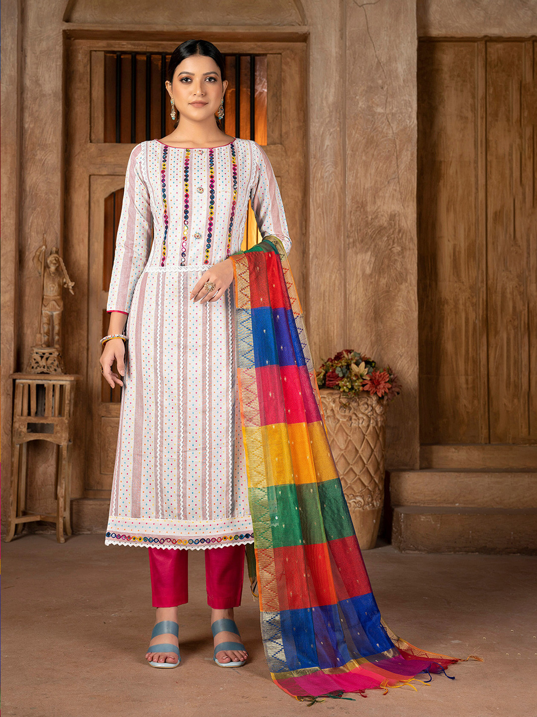 

SHADOW & SAINING Geometric Printed Unstitched Dress Material, White