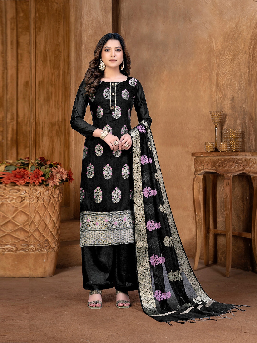 

SHADOW & SAINING Ethnic Motifs Woven Design Zari Unstitched Dress Material, Black