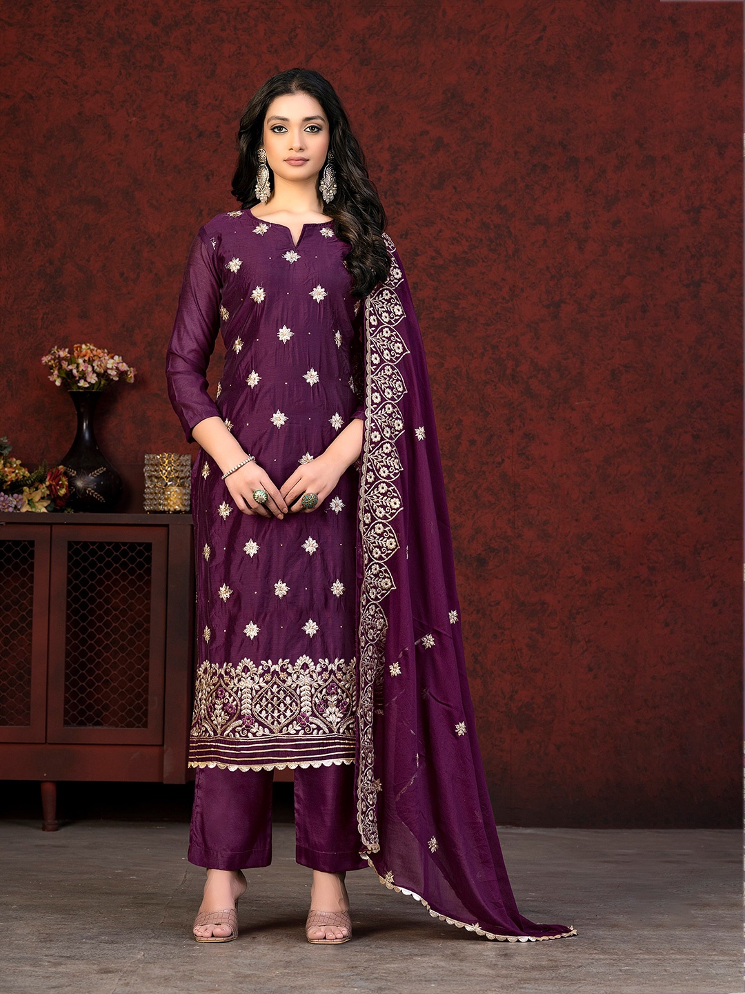 

SHADOW & SAINING Ethnic Motifs Embroidered Sequined Unstitched Dress Material, Purple