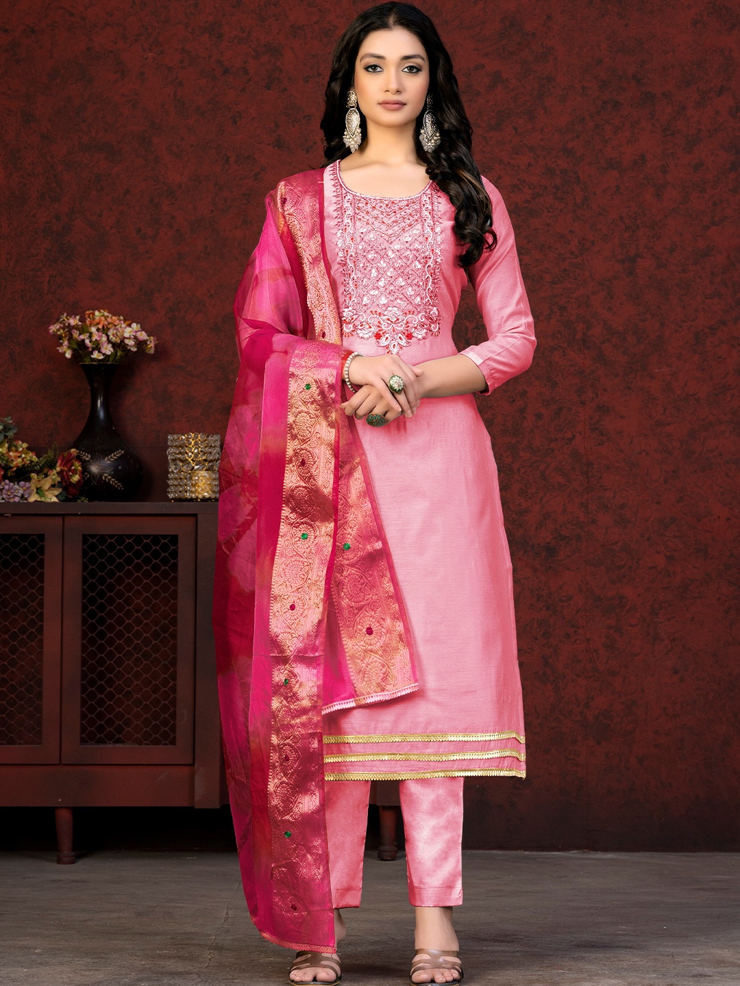 

SHADOW & SAINING Embroidered Bead & Stone Work Unstitched Dress Material, Pink