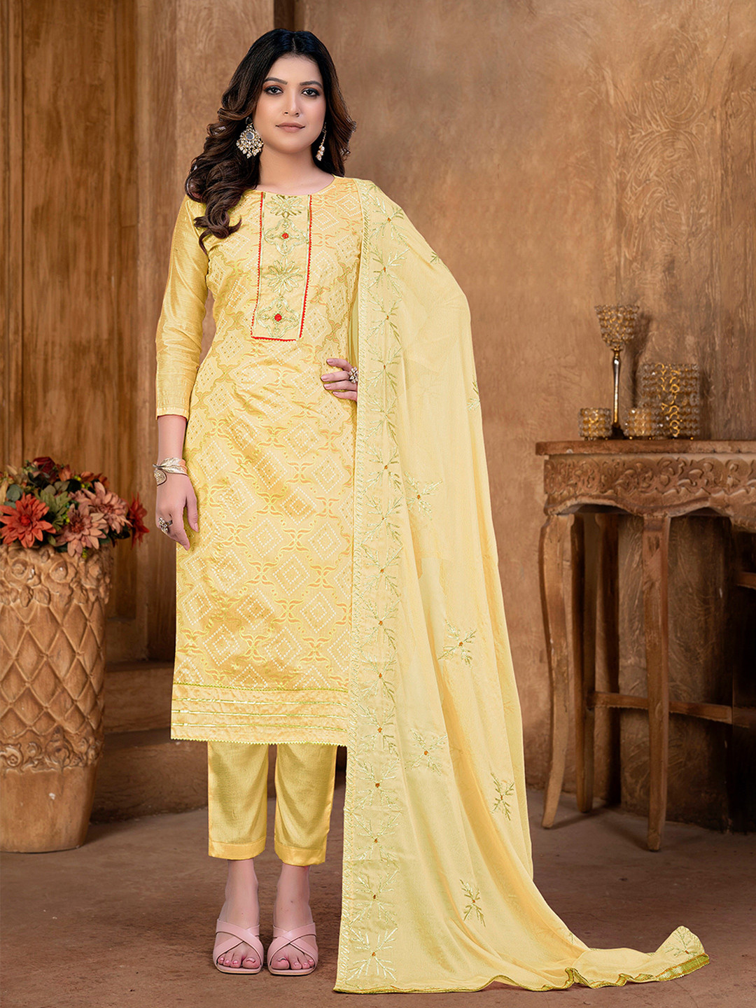 

SHADOW & SAINING Bandhani Printed Gotta Patti Unstitched Dress Material With Dupatta, Yellow