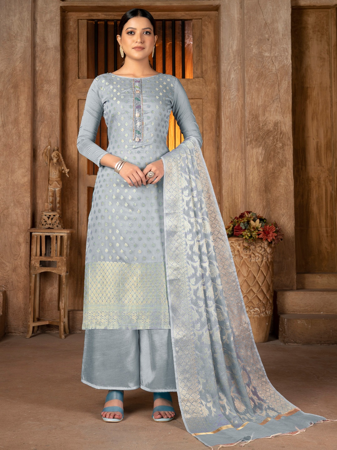 

SHADOW & SAINING Ethnic Motifs Woven Design Unstitched Dress Material, Grey