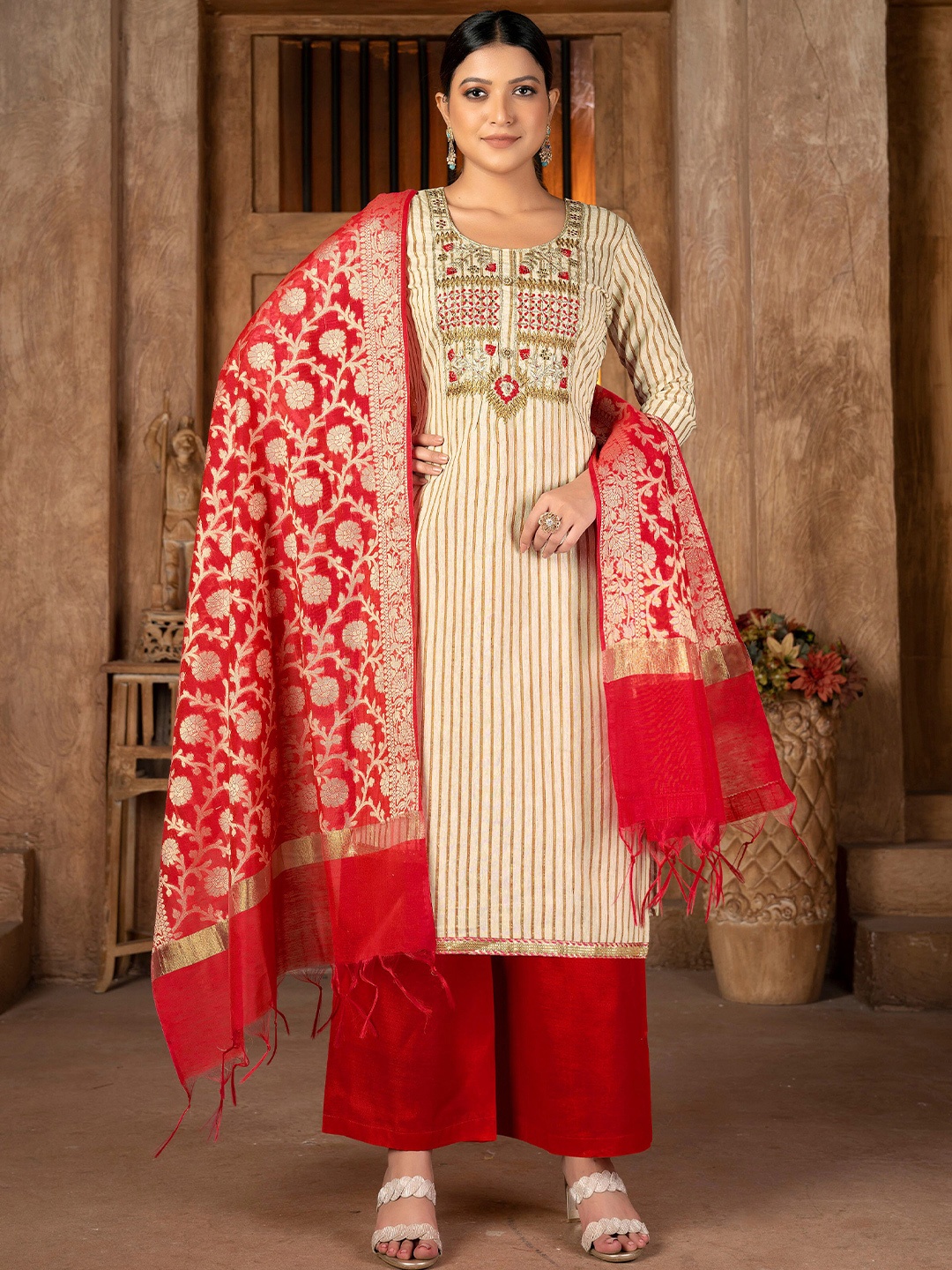 

SHADOW & SAINING Striped Thread Work Unstitched Dress Material, Beige