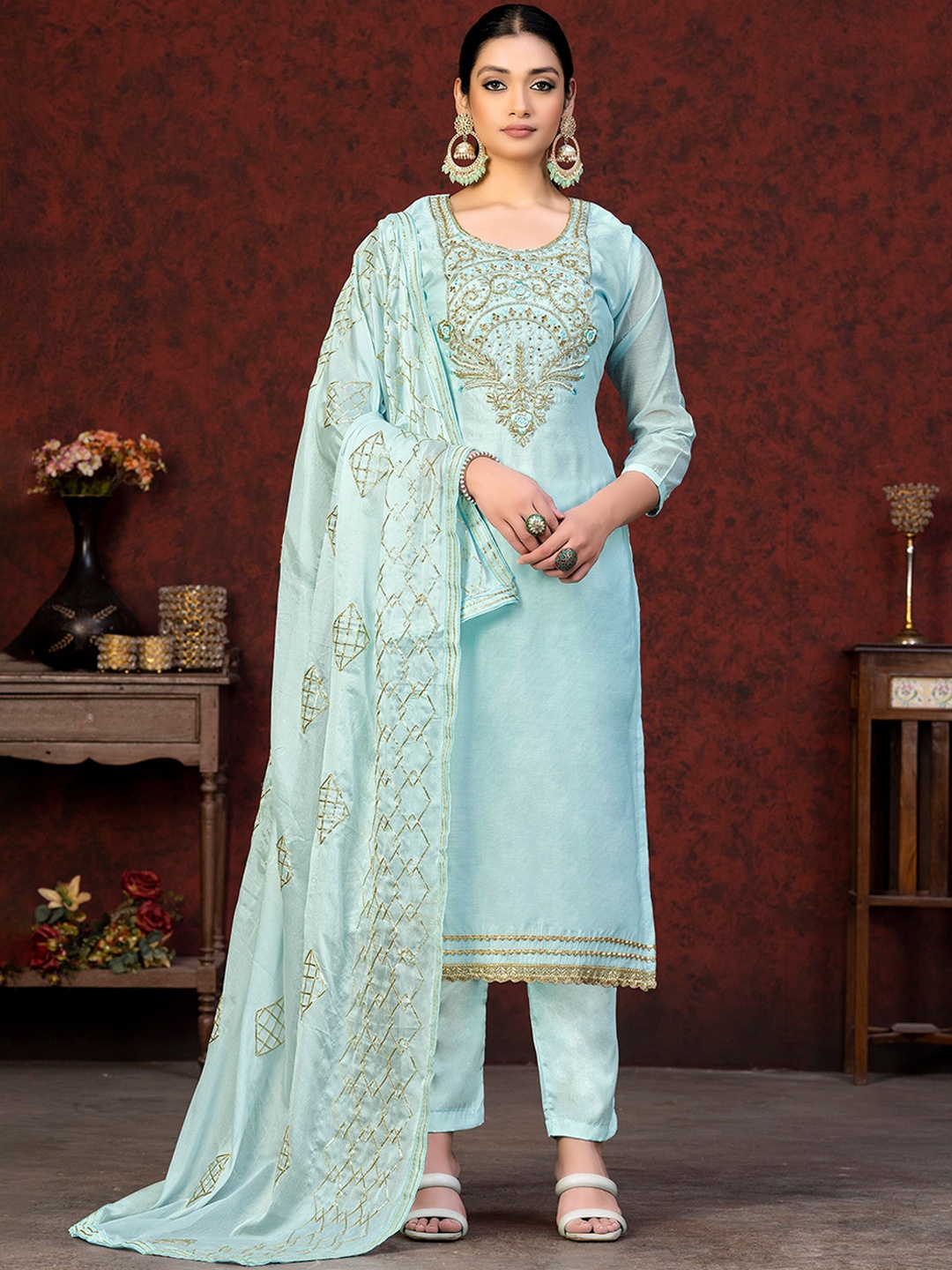 

SHADOW & SAINING Embroidered Unstitched Dress Material, Blue