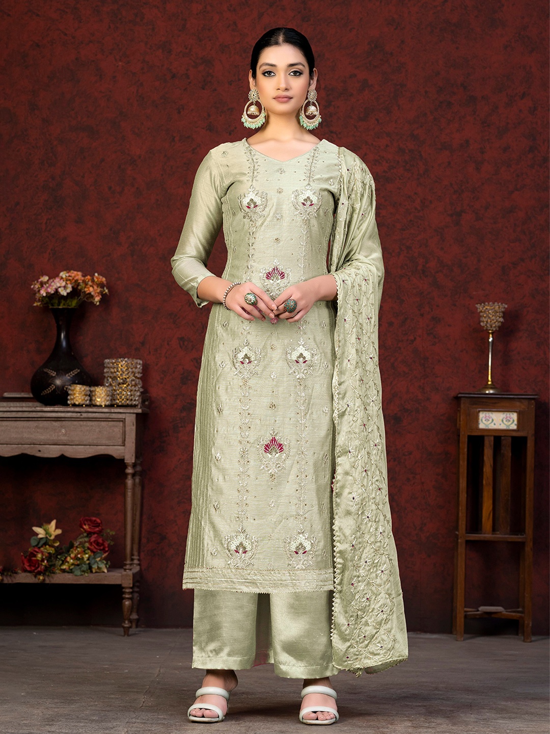 

SHADOW & SAINING Chanderi Embroidered Unstitched Dress Material, Grey