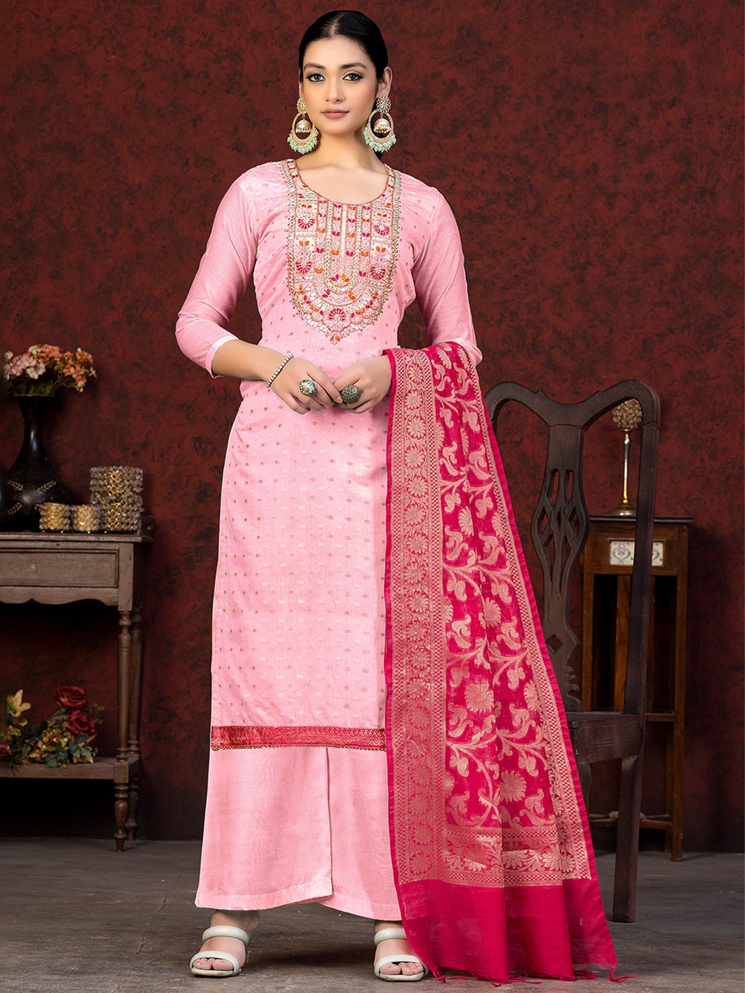 

SHADOW & SAINING Woven Design Bead Work Unstitched Dress Material, Pink