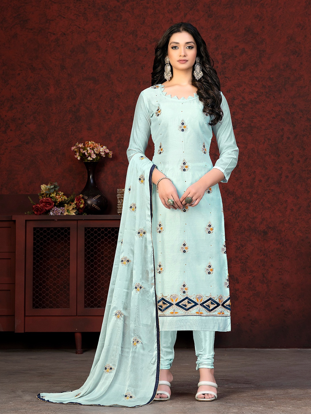 

SHADOW & SAINING Embroidered Unstitched Dress Material, Sea green