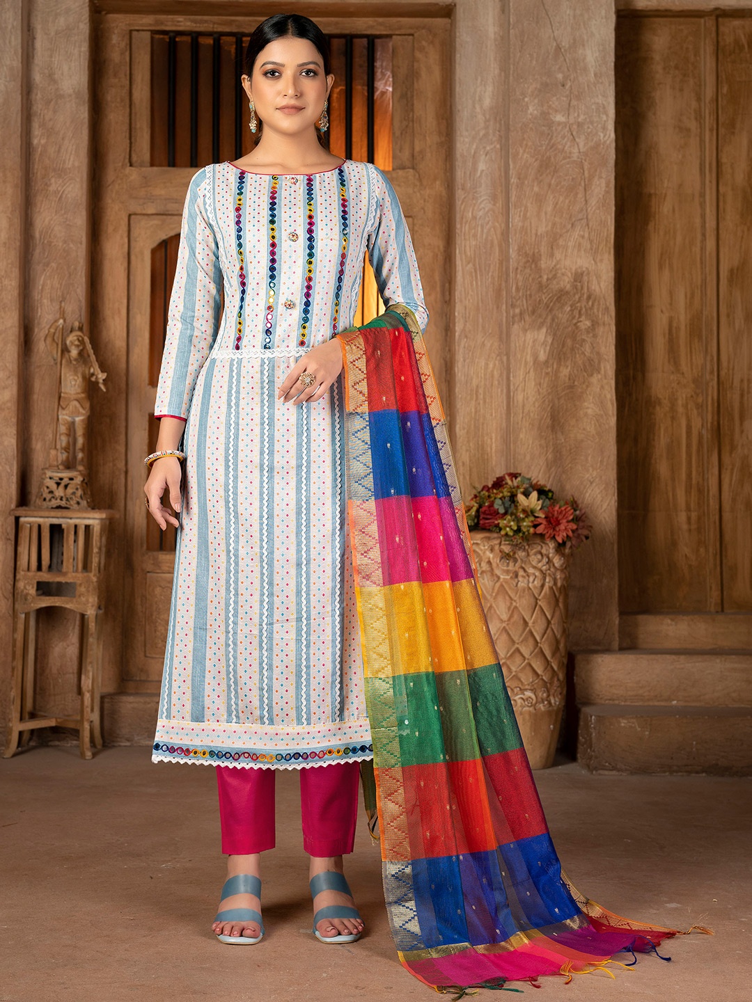 

SHADOW & SAINING Geometric Print Unstitched Dress Material With Dupatta, White