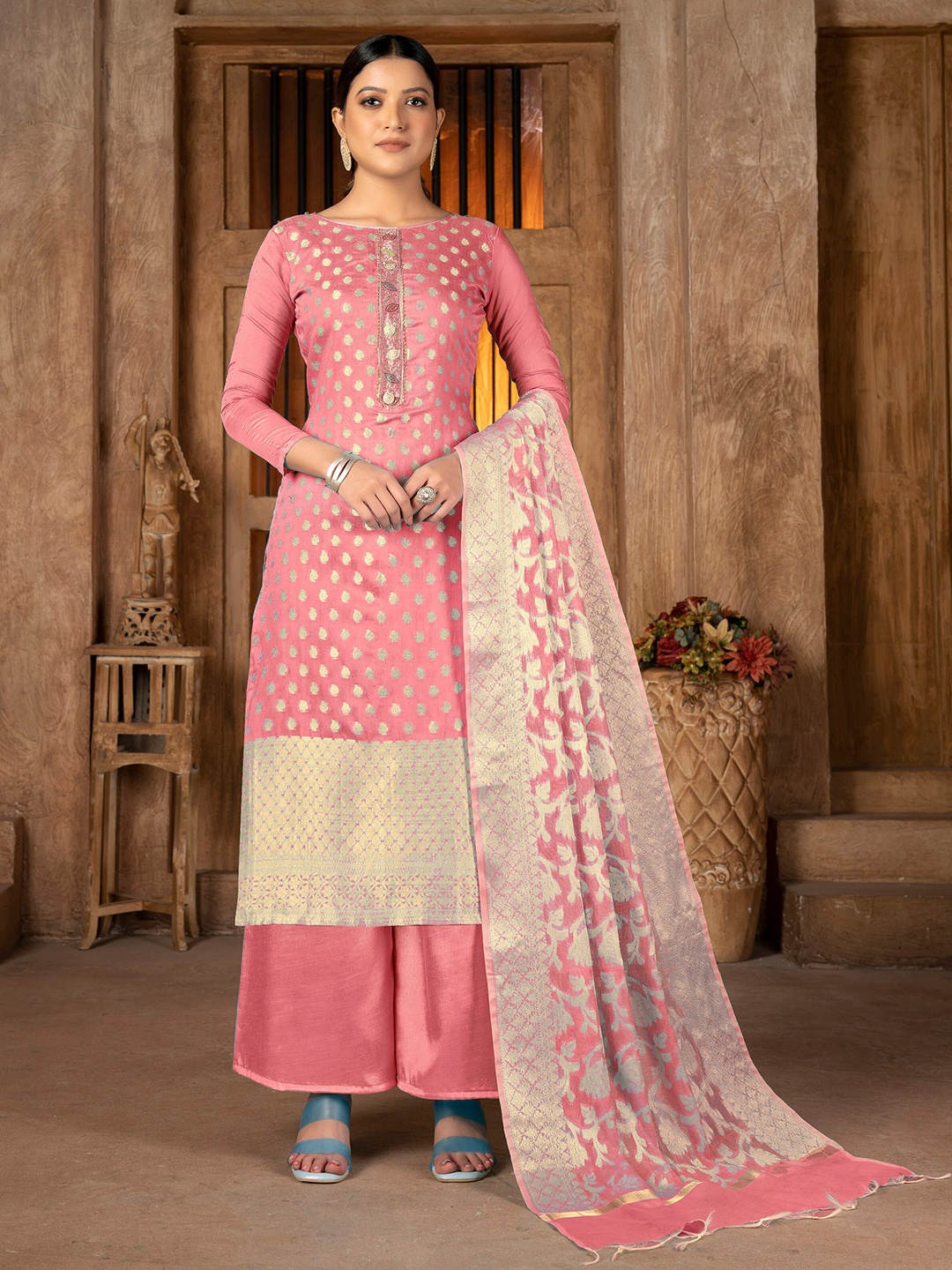 

SHADOW & SAINING Woven Design Unstitched Dress Material, Peach