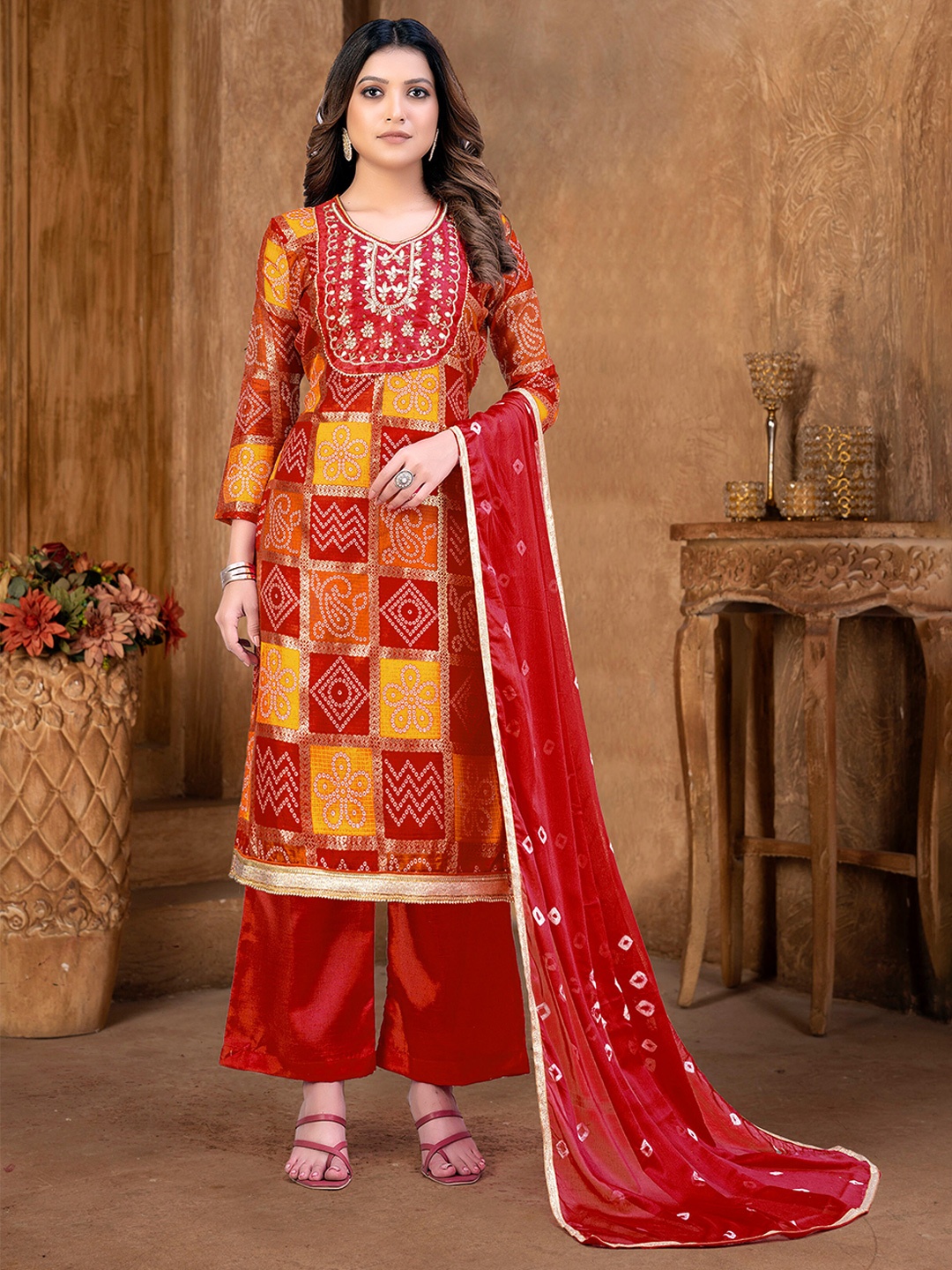 

SHADOW & SAINING Bandhani Printed Pure Cotton Unstitched Dress Material, Red