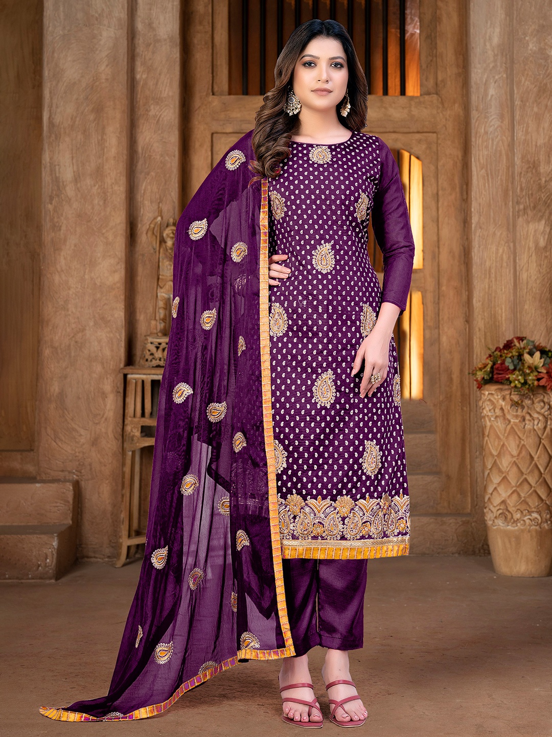 SHADOW & SAINING Paisley Embroidered Unstitched Dress Material, Magenta