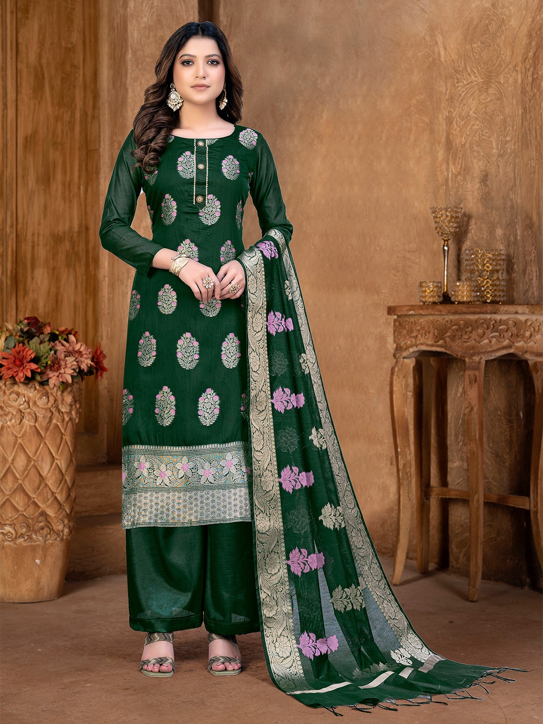 

SHADOW & SAINING Woven Design Unstitched Dress Material, Green