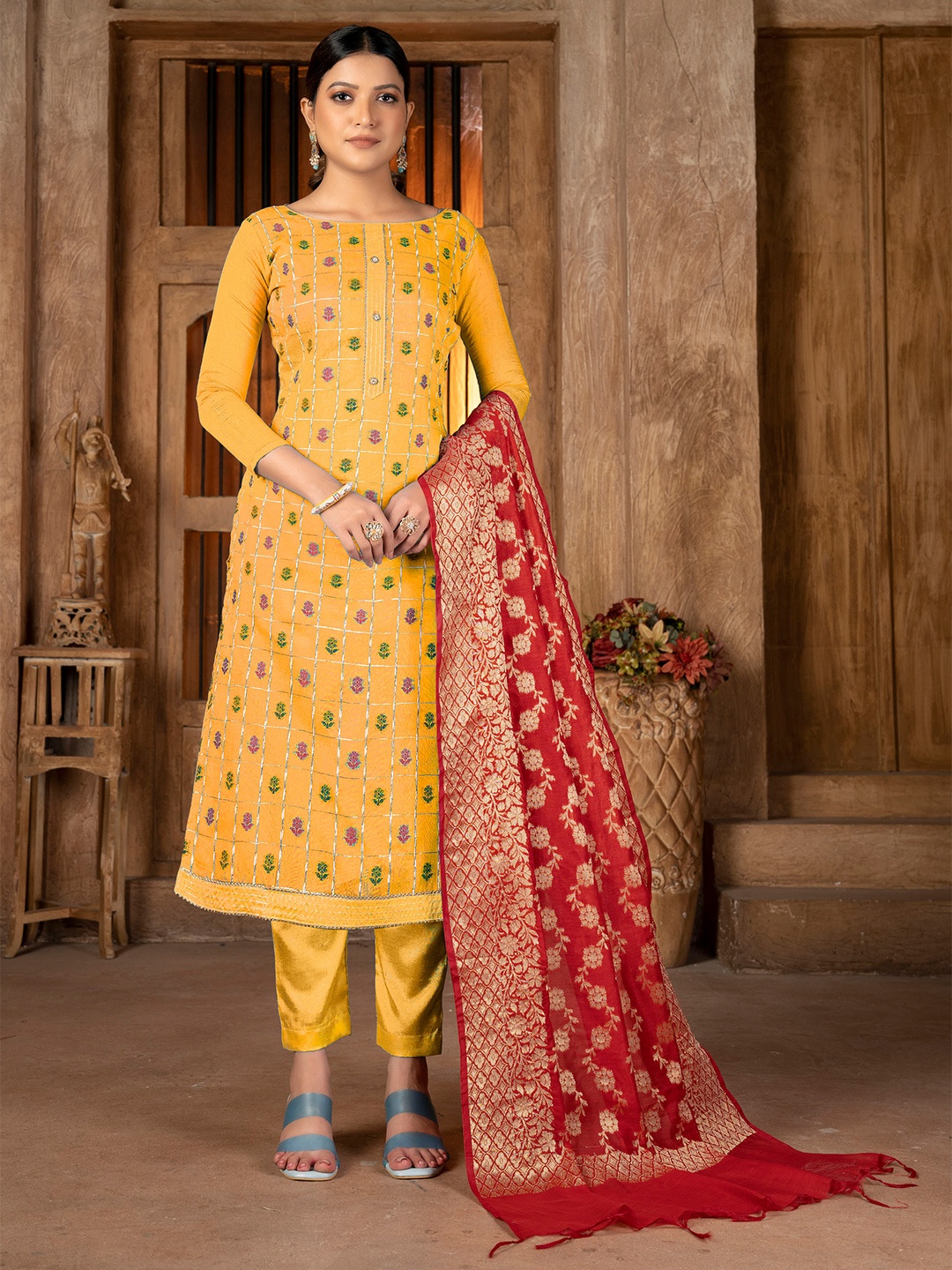 

SHADOW & SAINING Woven Design Unstitched Dress Material, Yellow