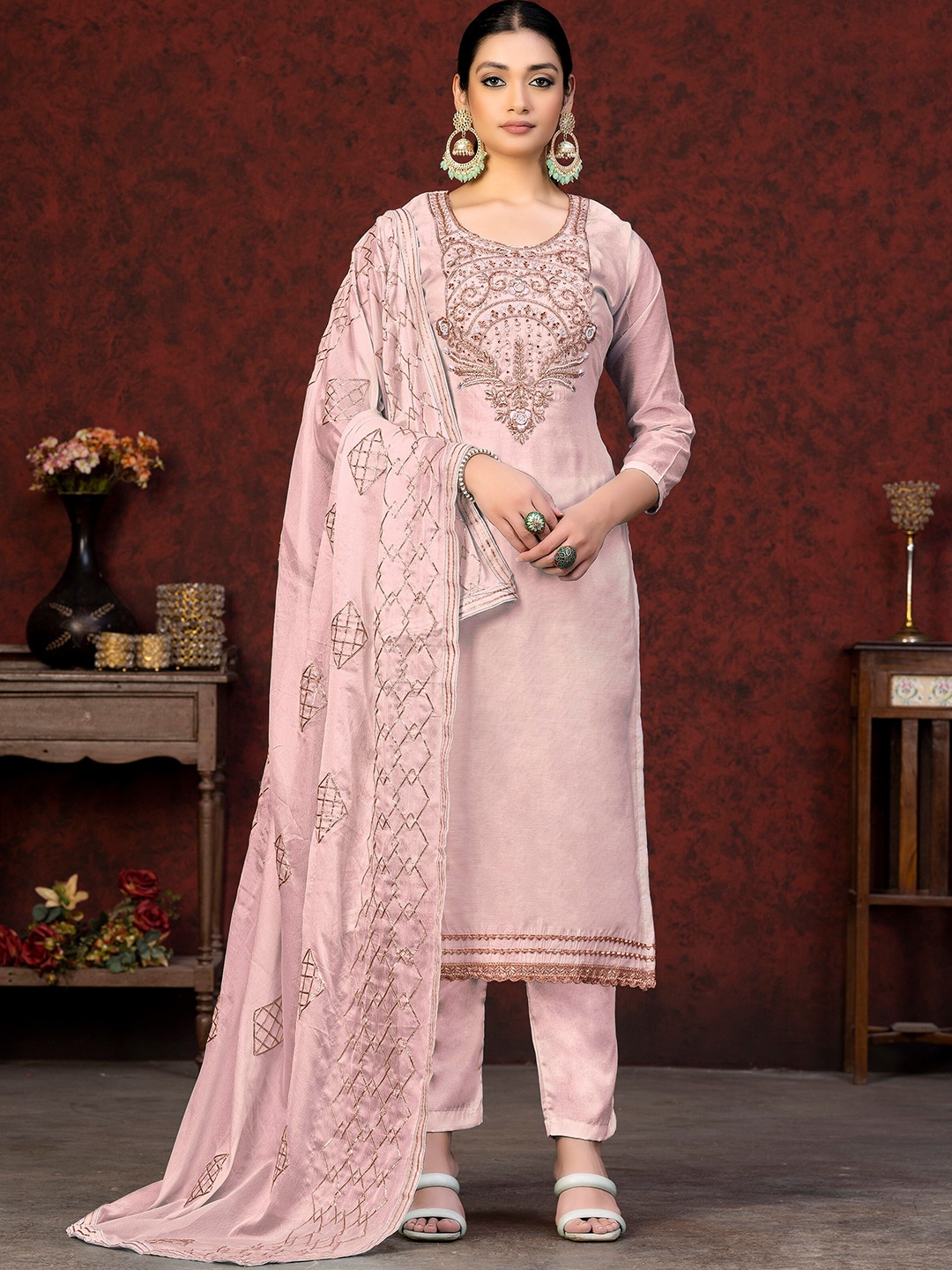 

SHADOW & SAINING Ethnic Motifs Embroidered Bead Work Unstitched Dress Material, Pink