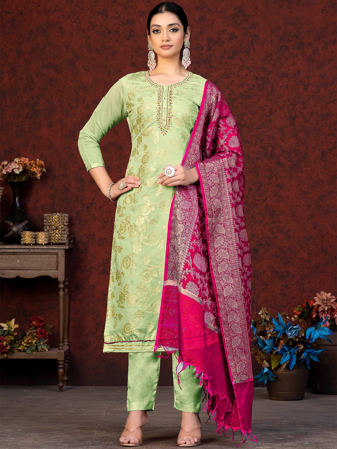 

SHADOW & SAINING Ethnic Motifs Woven Design Unstitched Dress Material, Green