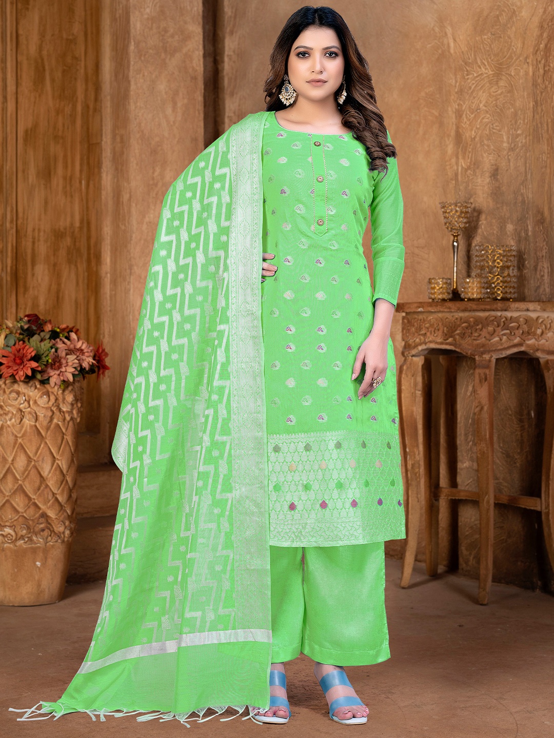 

SHADOW & SAINING Ethnic Motifs Woven Design Unstitched Dress Material, Green