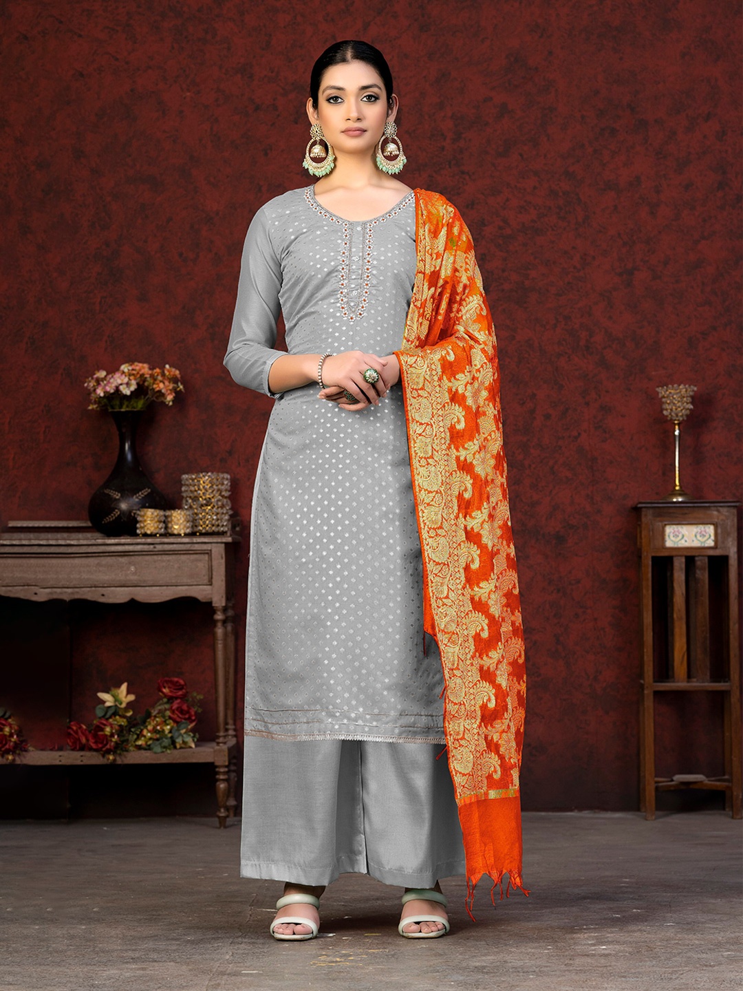 

SHADOW & SAINING Woven Design Embroidered Unstitched Dress Material, Grey