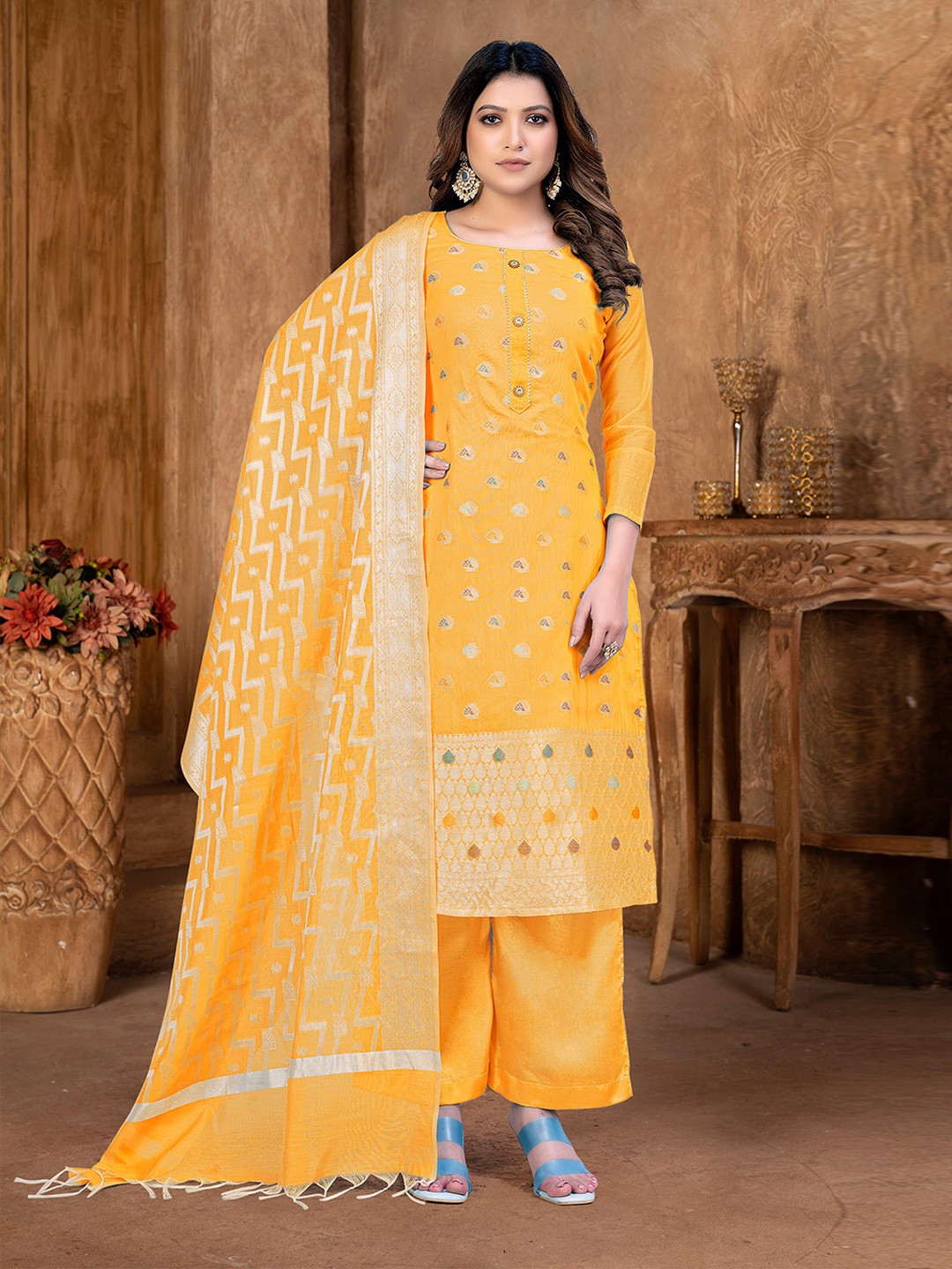 

SHADOW & SAINING Ethnic Motif Woven Design Unstitched Dress Material With Dupatta, Yellow