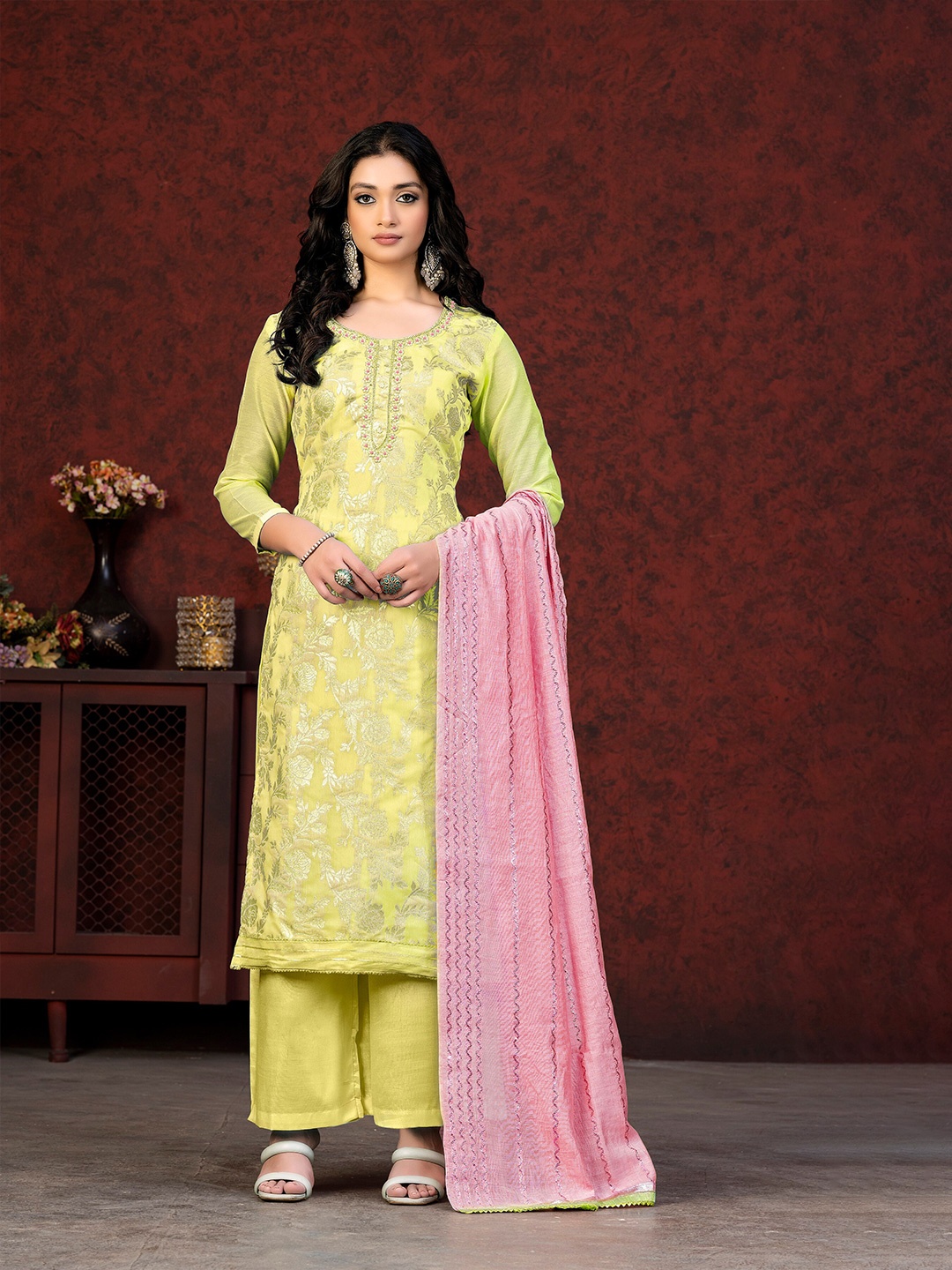 

SHADOW & SAINING Woven Design Embroidered Unstitched Dress Material, Yellow