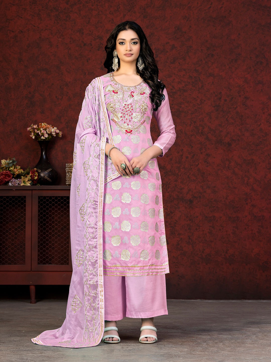 

SHADOW & SAINING Woven Design Embroidered Unstitched Dress Material, Pink