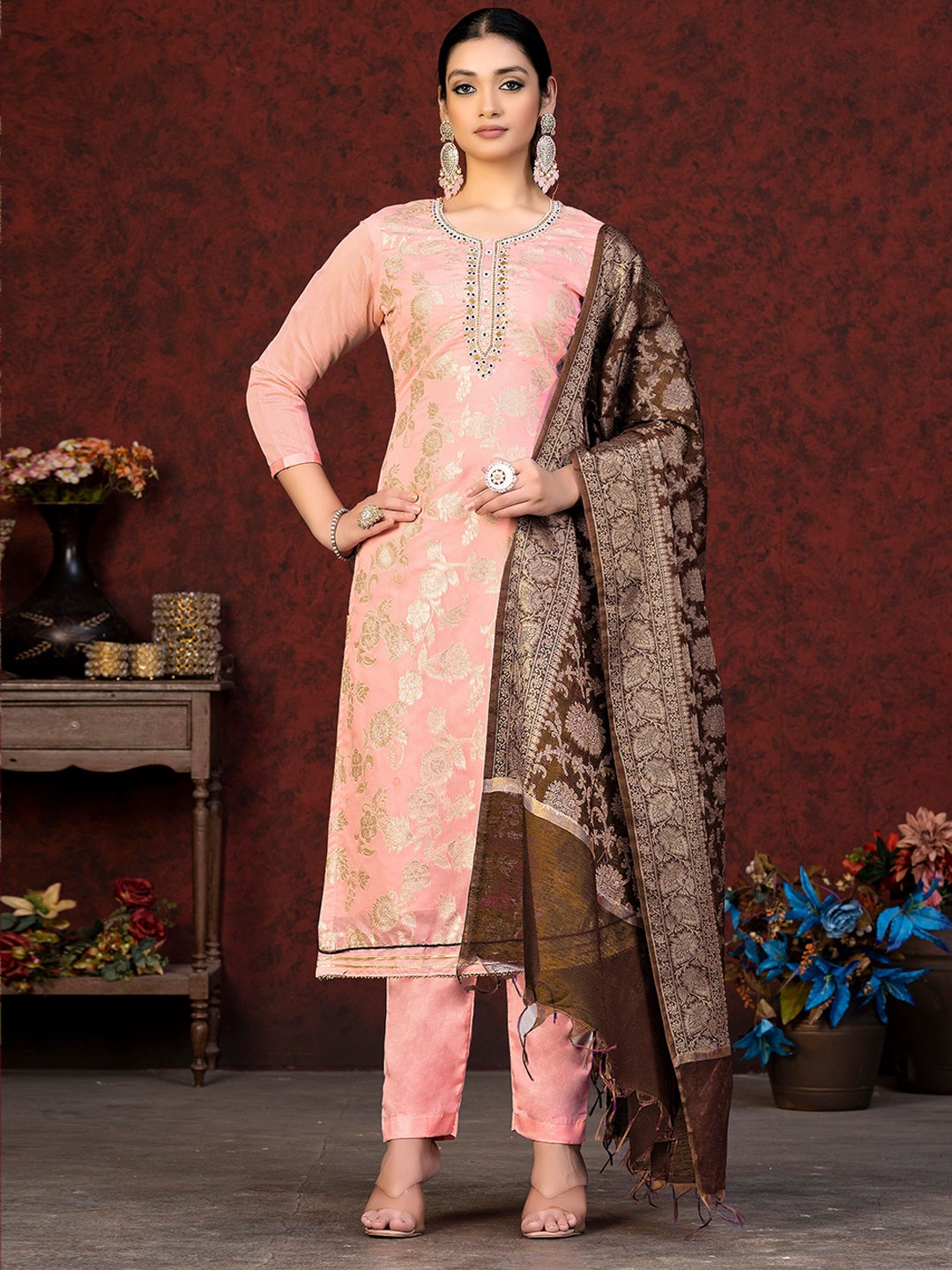 

SHADOW & SAINING Ethnic Motifs Woven Design Zari Unstitched Dress Material, Peach