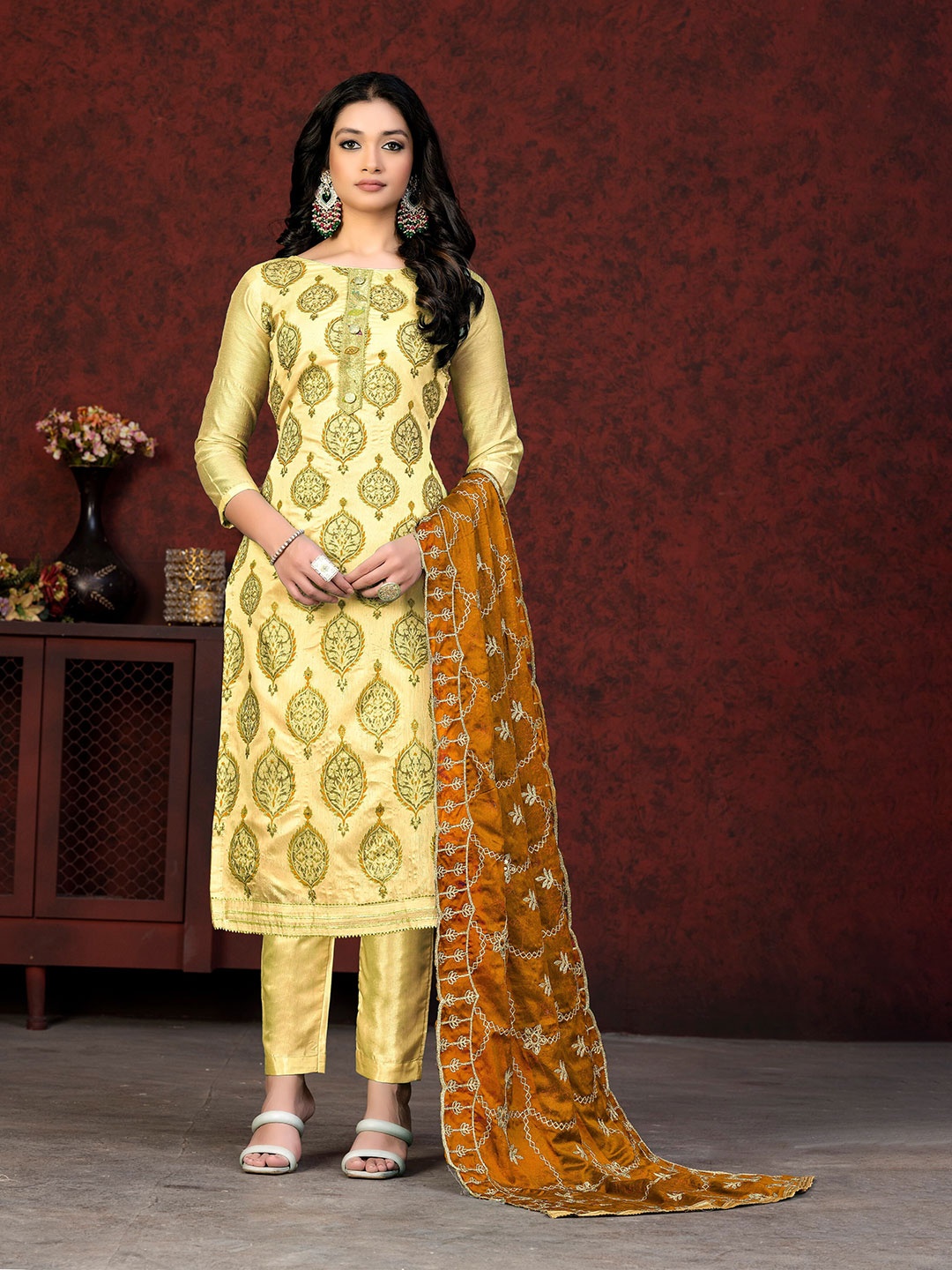 

SHADOW & SAINING Ethnic Motif Printed Unstitched Dress Material, Mustard