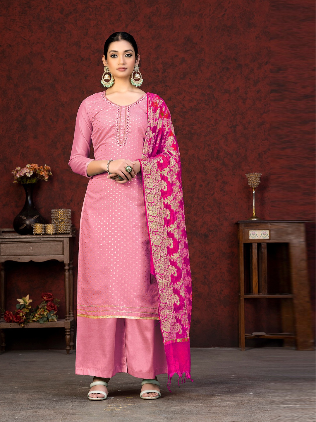 

SHADOW & SAINING Woven Design Embroidered Banarasi Jacquard Unstitched Dress Material, Pink