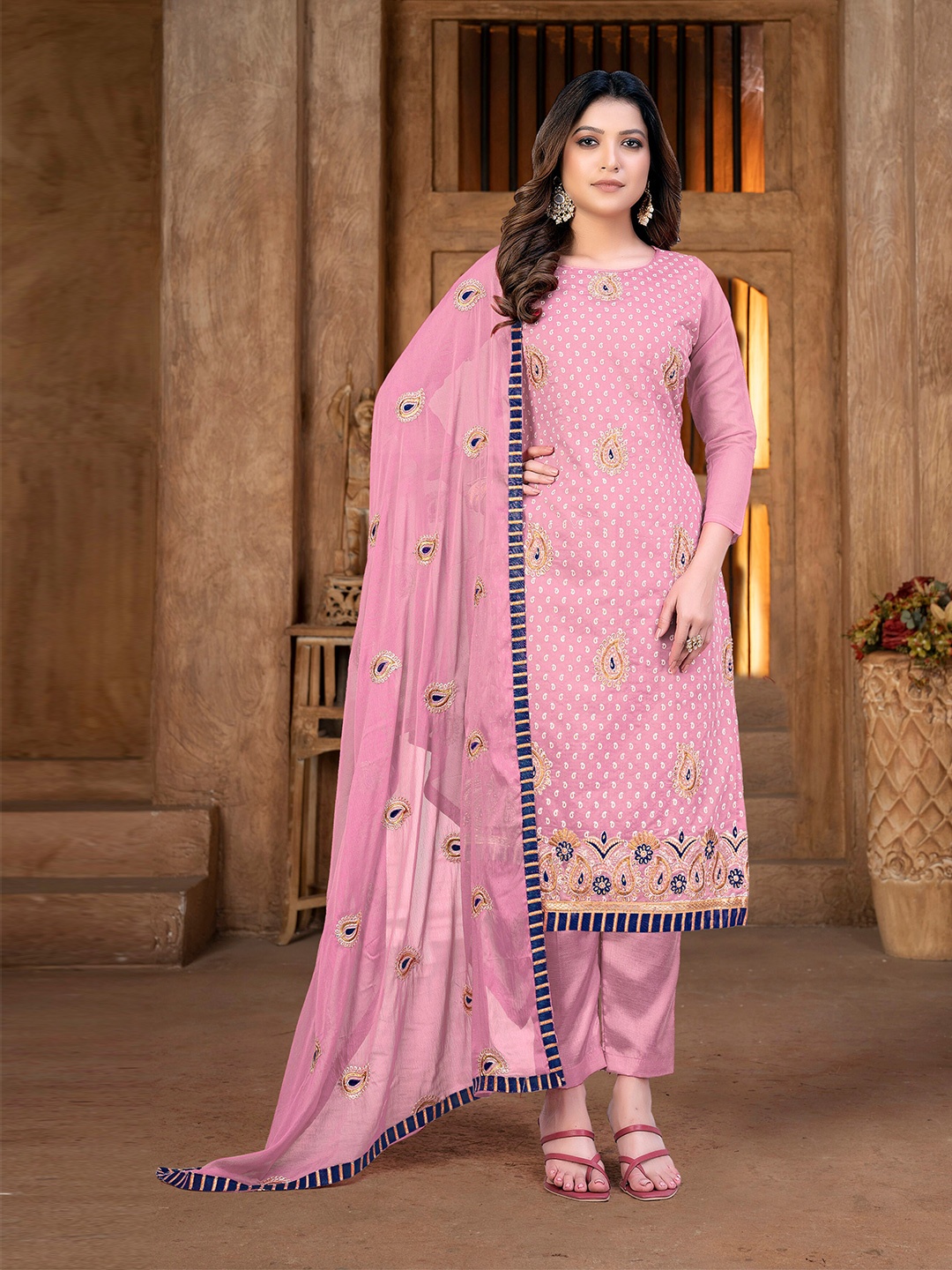

SHADOW & SAINING Ethnic Motifs Embroidered Unstitched Dress Material, Pink