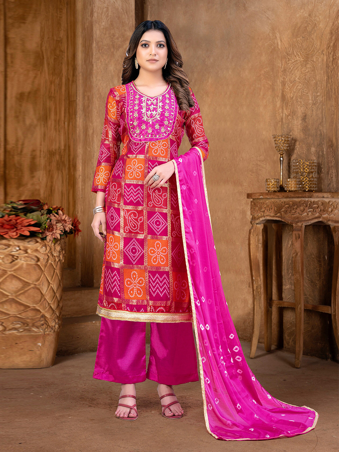 

SHADOW & SAINING Bandhani Printed Unstitched Dress Material, Magenta