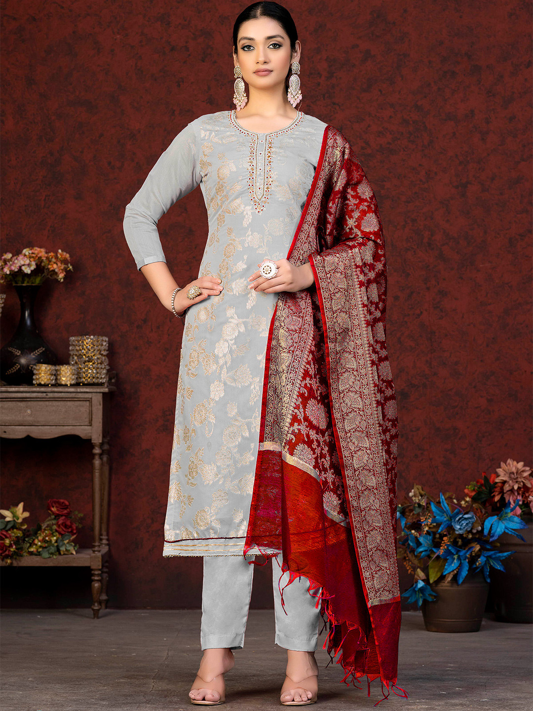 

SHADOW & SAINING Ethnic Motifs Woven Design Unstitched Dress Material, Grey