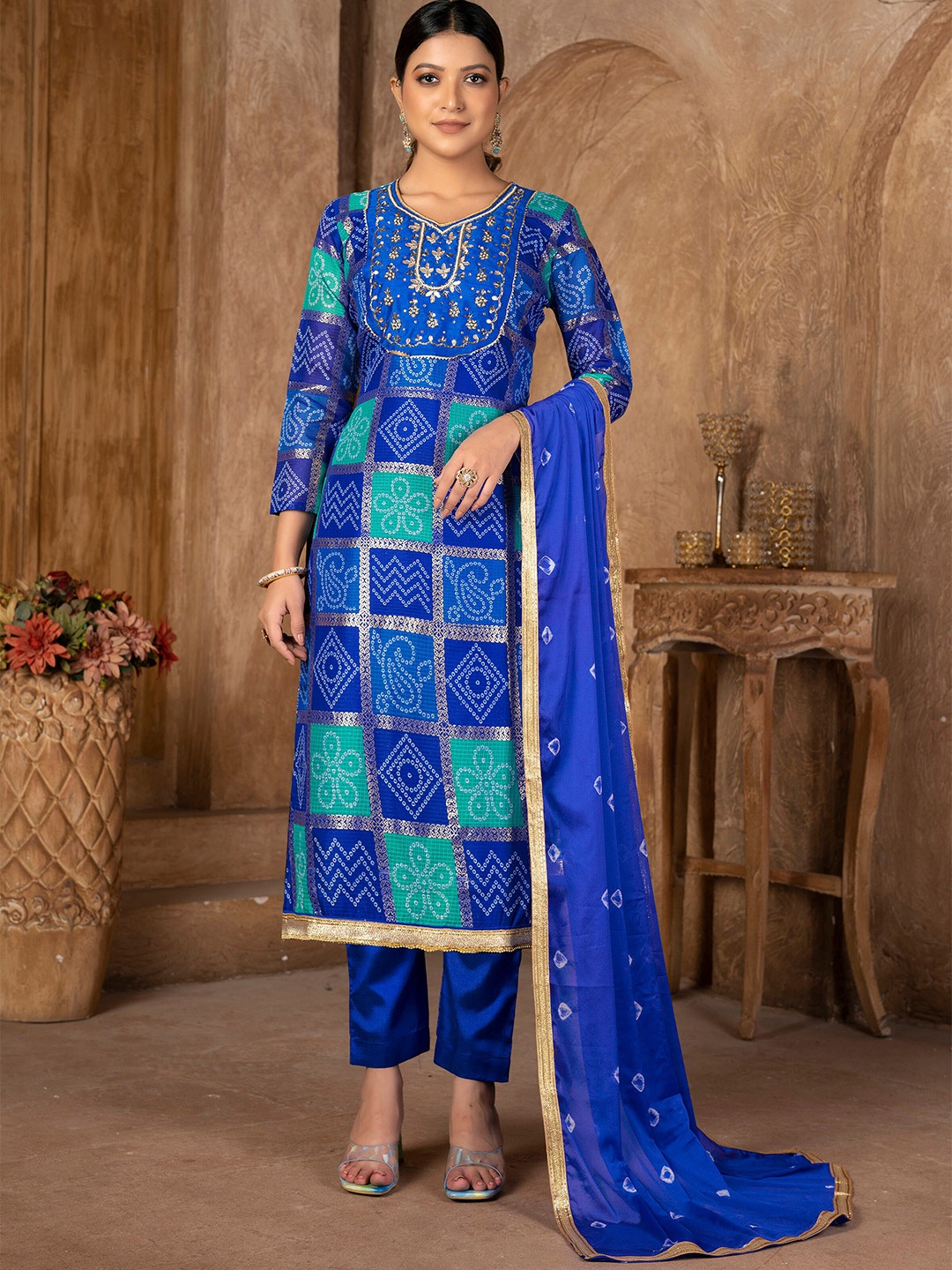 

SHADOW & SAINING Bandhani Printed Unstitched Dress Material, Blue