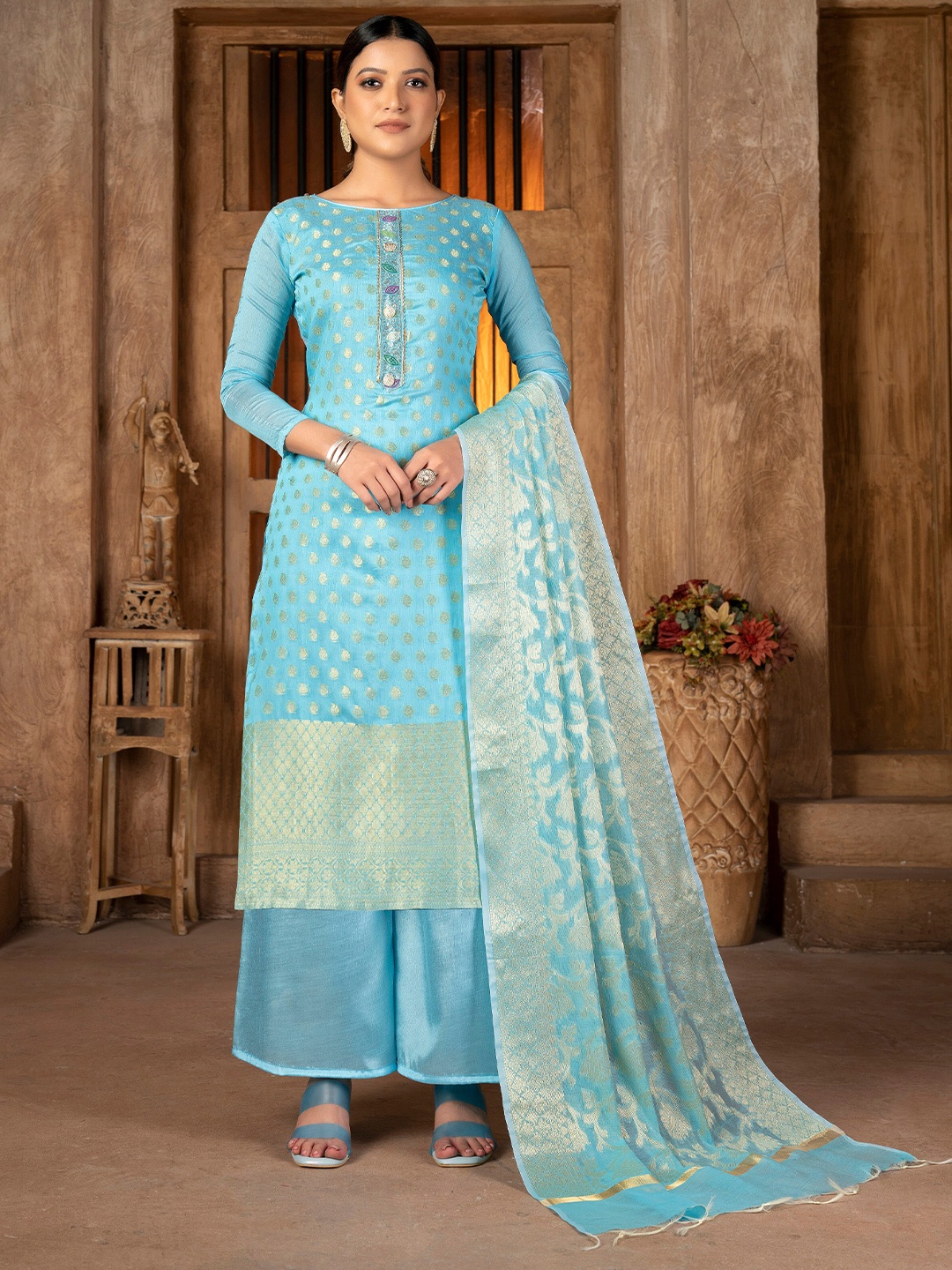 

SHADOW & SAINING Ethnic Motifs Woven Design Unstitched Dress Material, Blue