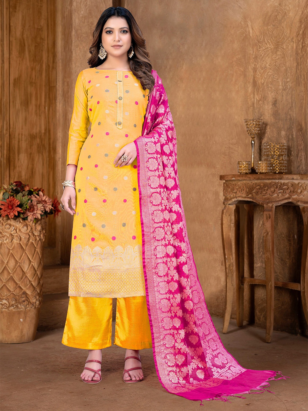 

SHADOW & SAINING Woven Design Unstitched Dress Material, Yellow