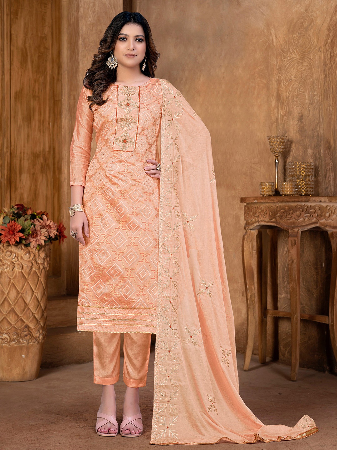 

SHADOW & SAINING Ethnic Motifs Embroidered Gotta Patti Unstitched Dress Material, Peach