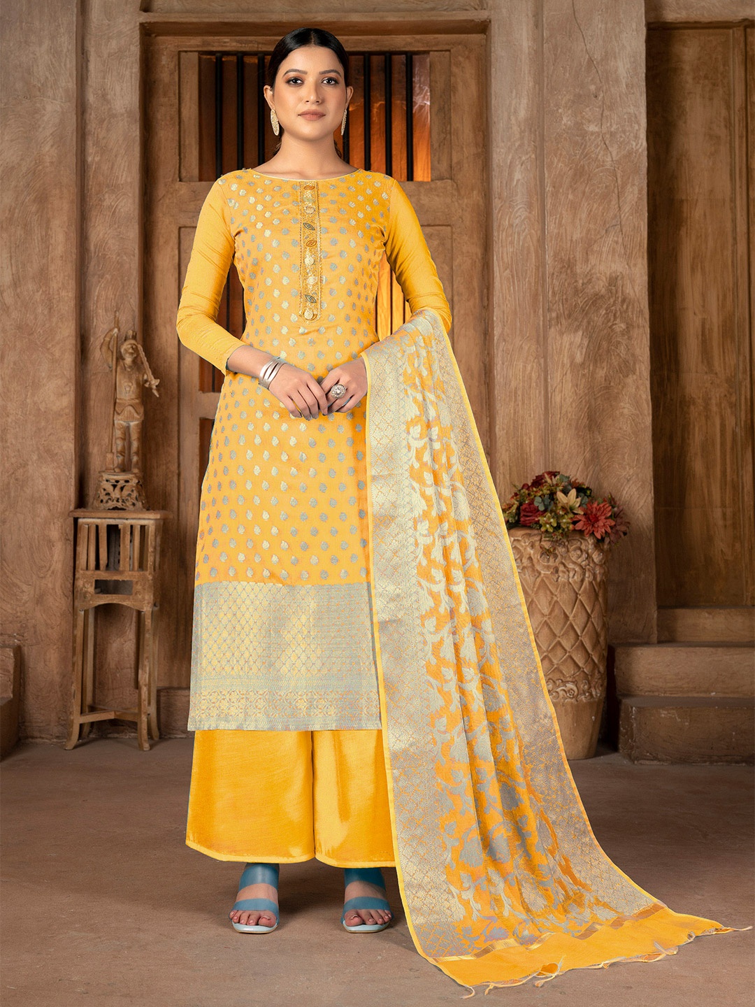 

SHADOW & SAINING Ethnic Motifs Woven Design Zari Unstitched Dress Material, Yellow