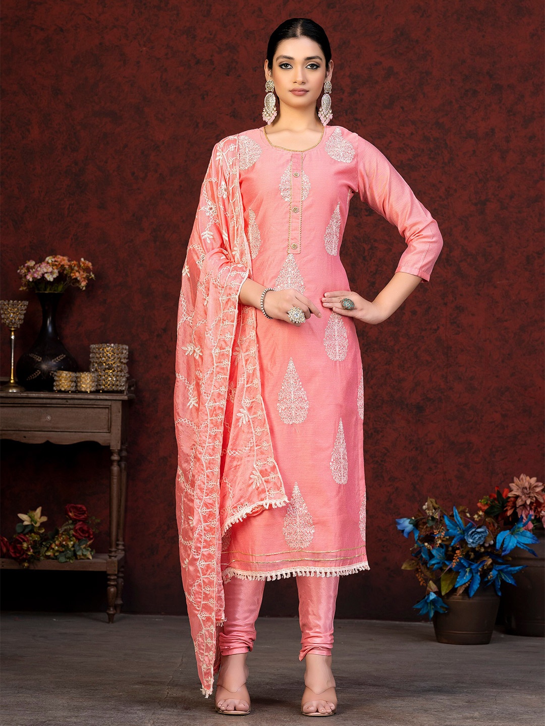 

SHADOW & SAINING Woven Design Embroidered Unstitched Dress Material, Pink