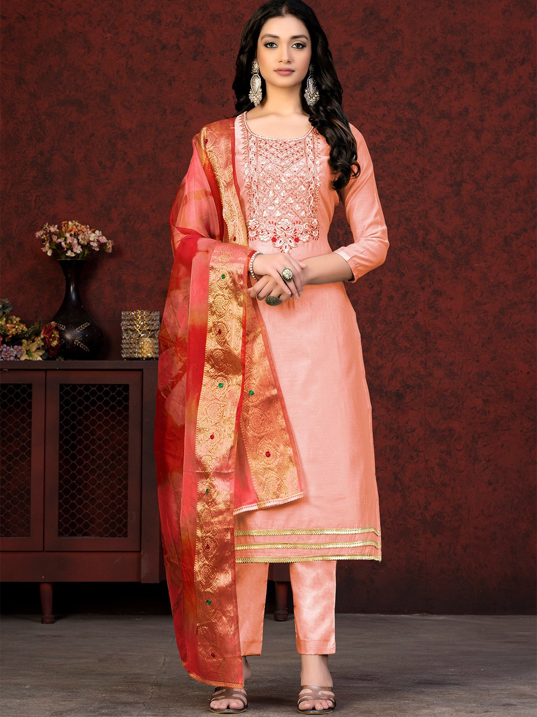 

SHADOW & SAINING Embroidered Unstitched Dress Material, Peach