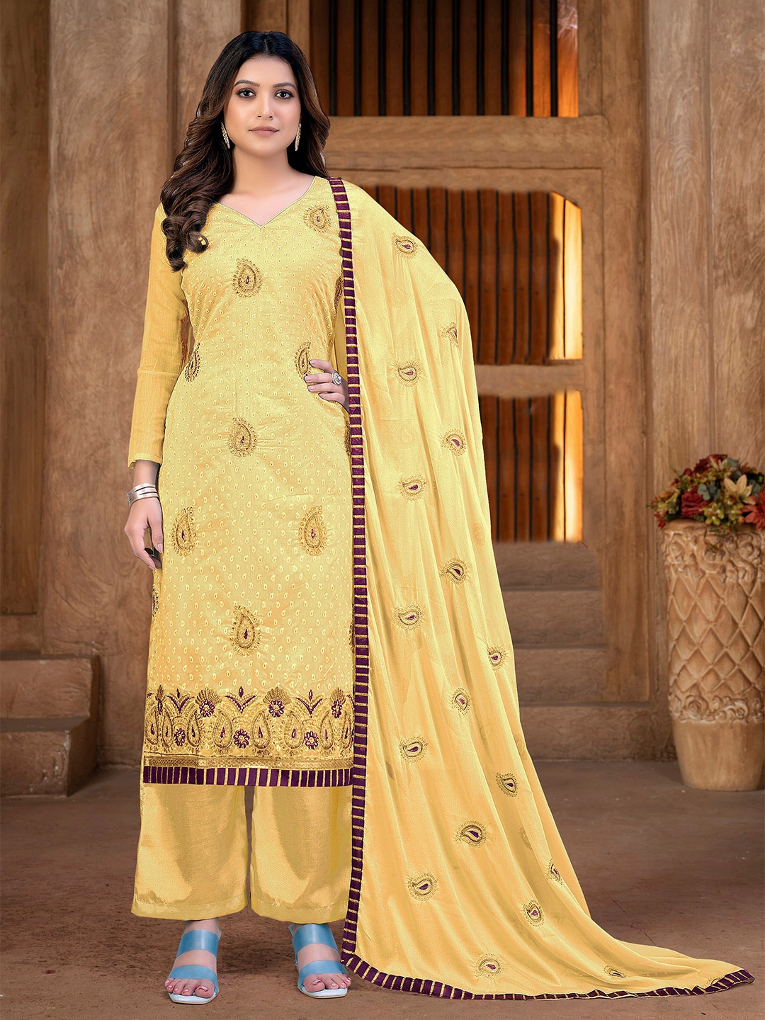 

SHADOW & SAINING Paisley Embroidered Pure Cotton Unstitched Dress Material With Dupatta, Yellow