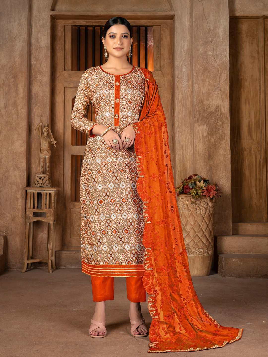 

SHADOW & SAINING Bandhani Printed Unstitched Dress Material, Beige