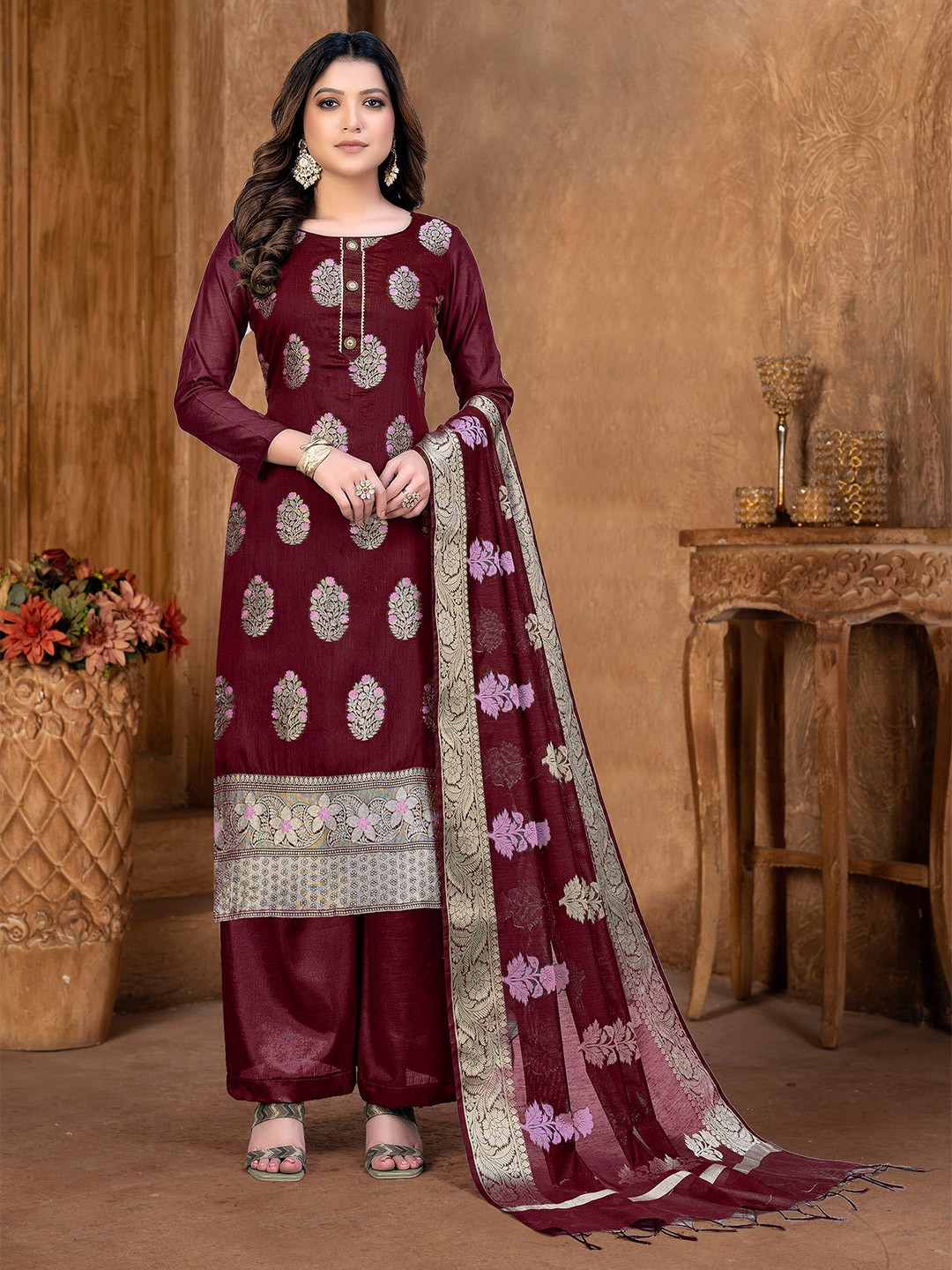 

SHADOW & SAINING Ethnic Motifs Woven Design Unstitched Dress Material, Magenta