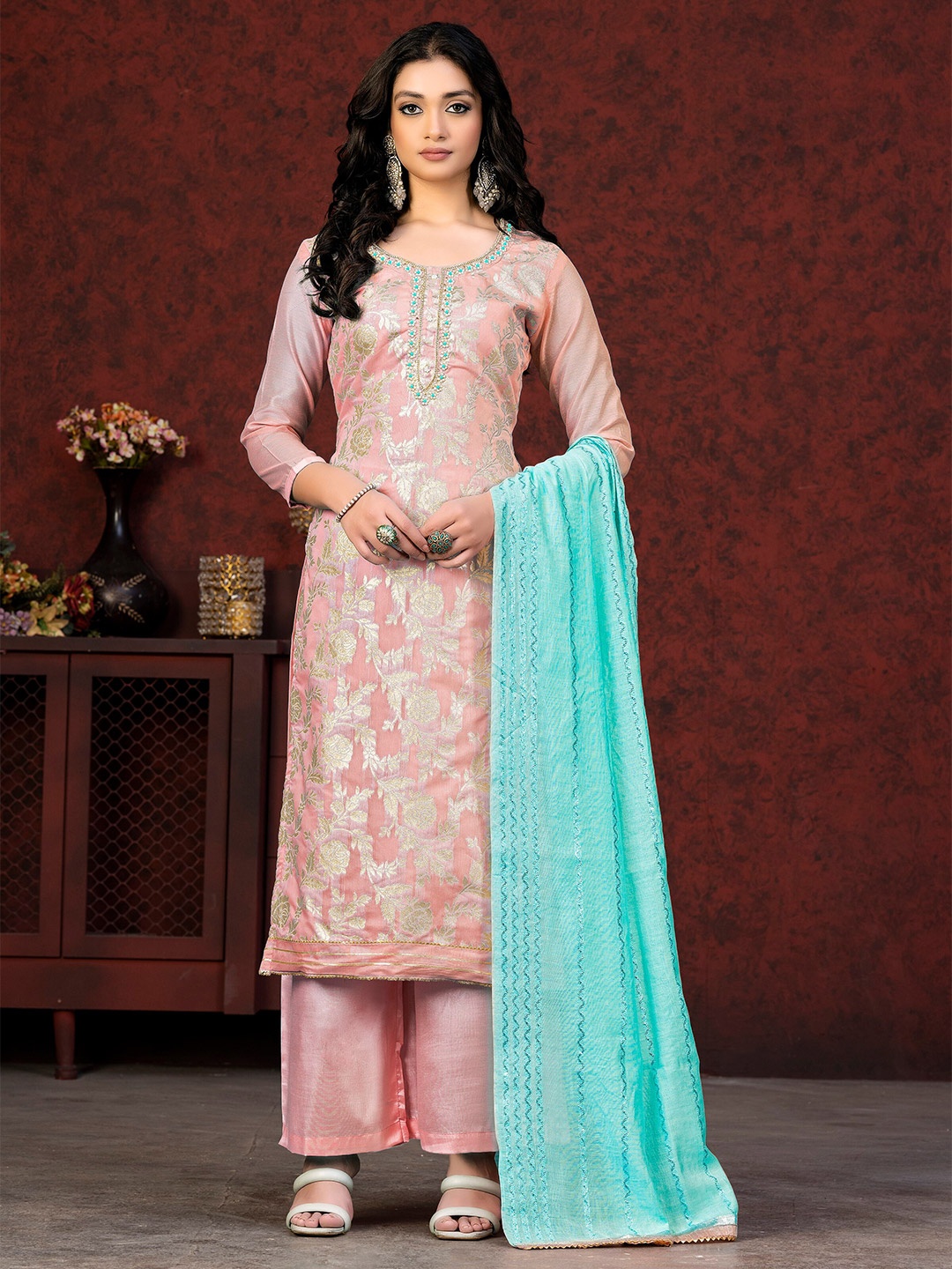 

SHADOW & SAINING Floral Woven Design Bead Work Unstitched Dress Material, Peach