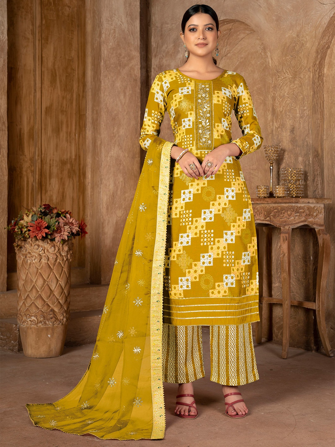 

SHADOW & SAINING Geometric Printed Unstitched Dress Material, Mustard