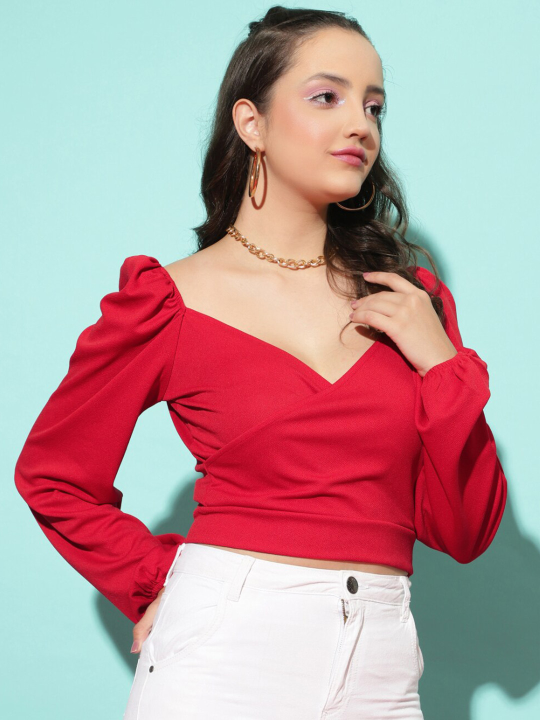 

WESTHOOD Sweetheart Neck Puff Sleeves Crop Wrap Top, Red
