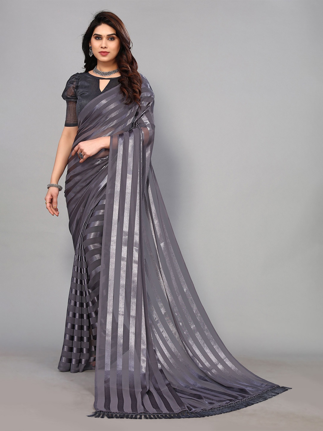

ANAND SAREES Striped Zari Satin Saree, Grey