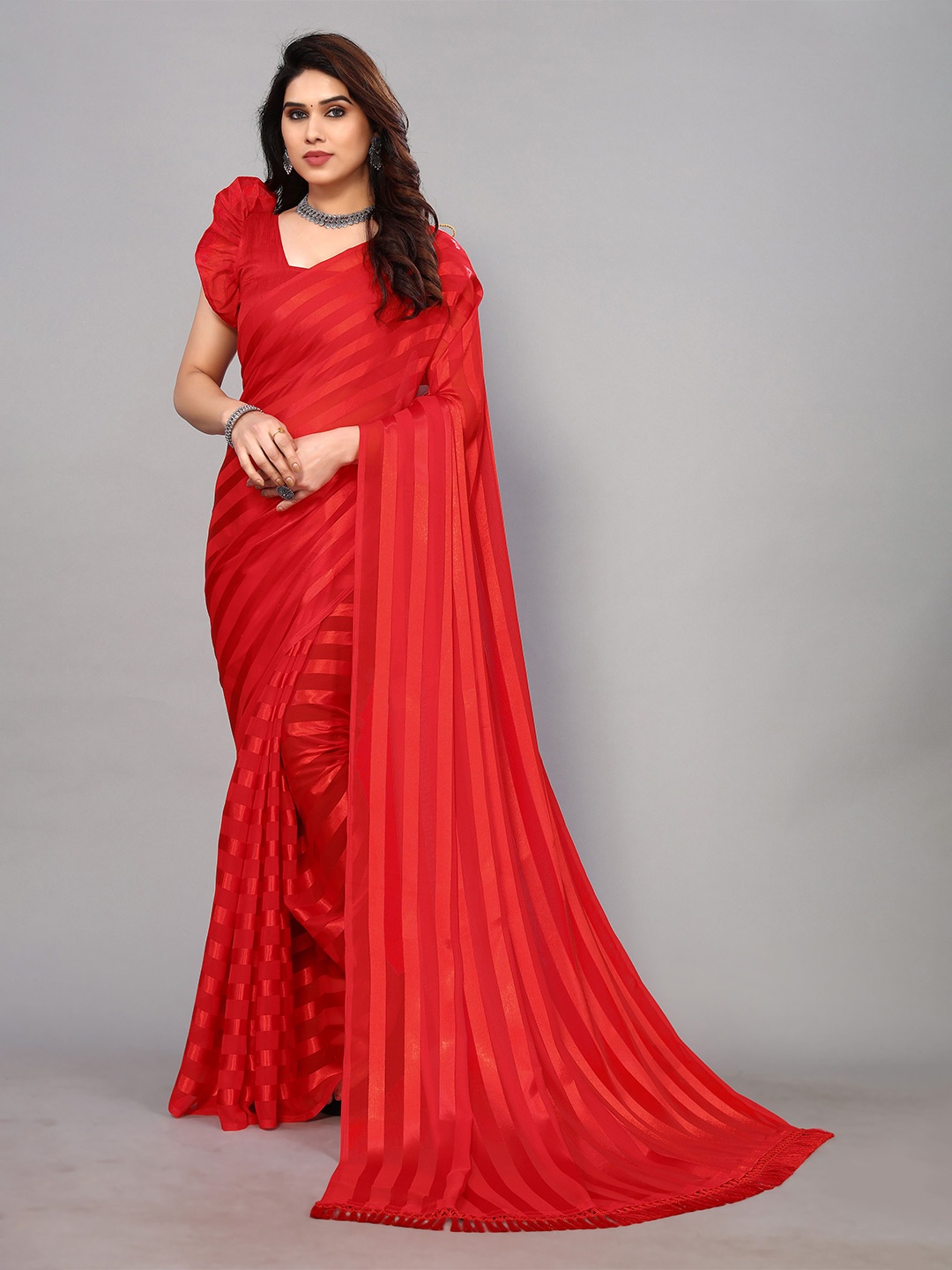 

ANAND SAREES Striped Satin Saree, Red
