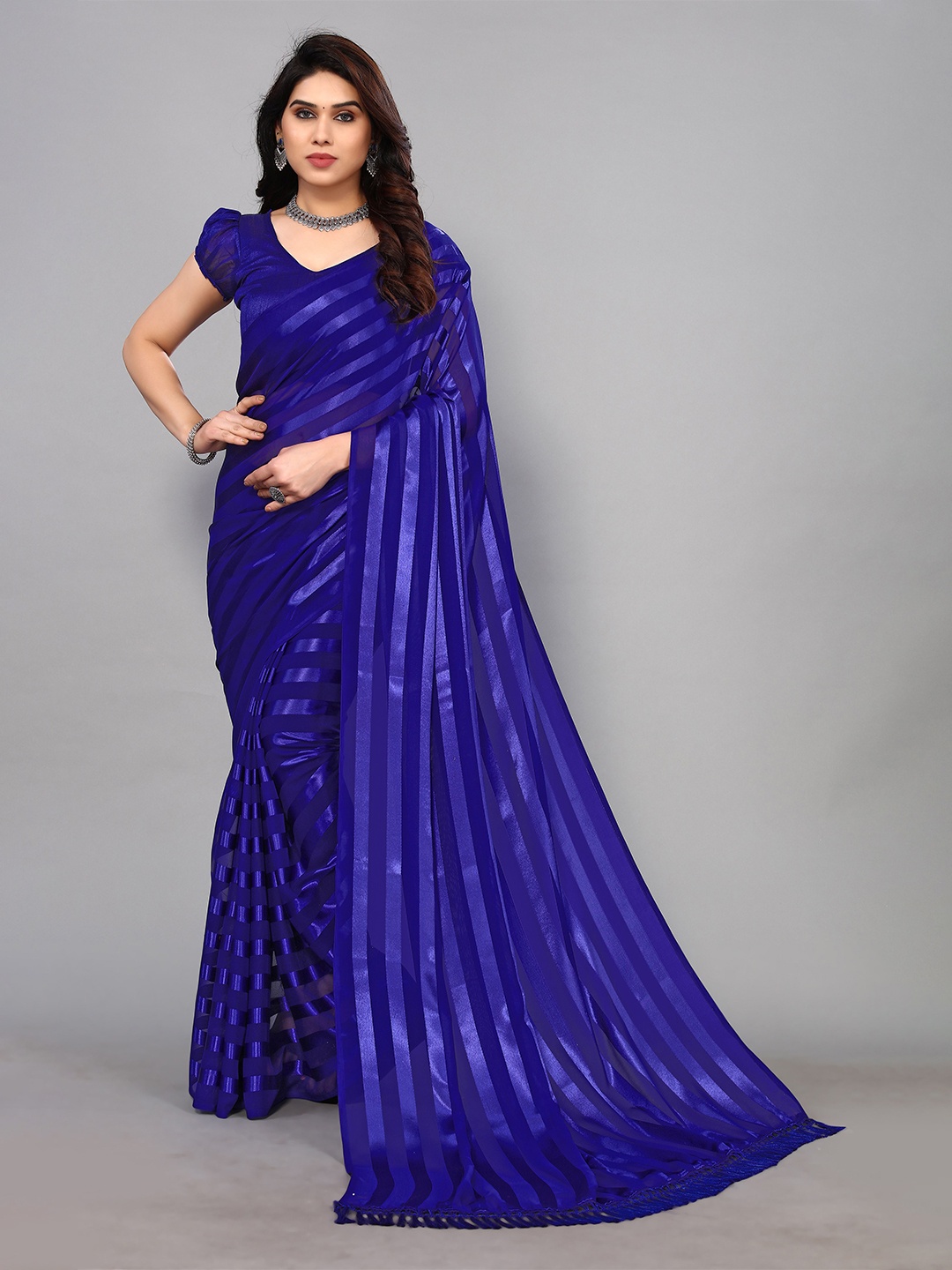 

ANAND SAREES Stripe Satin Saree, Navy blue