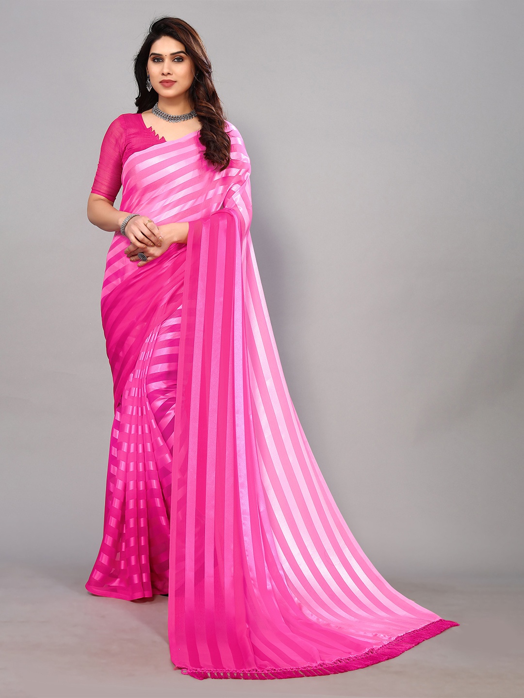 

ANAND SAREES Striped Satin Saree, Pink