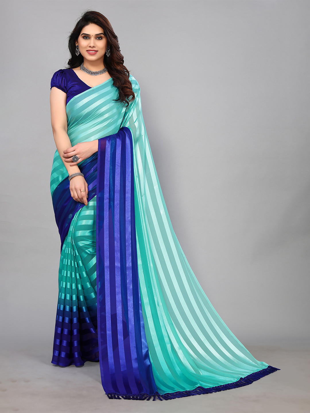 

ANAND SAREES Striped Satin Saree, Turquoise blue