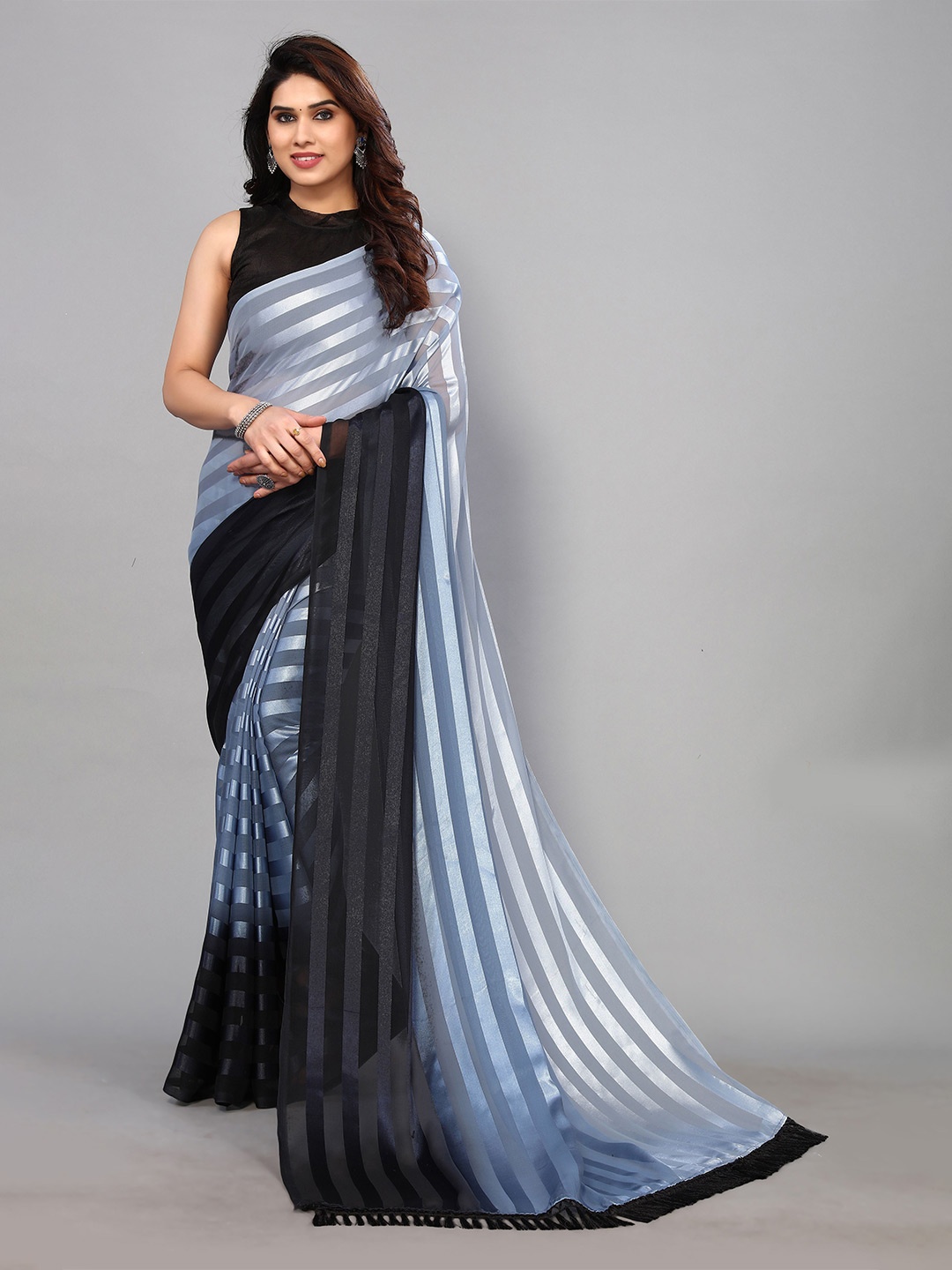 

ANAND SAREES Striped Satin Saree, Grey